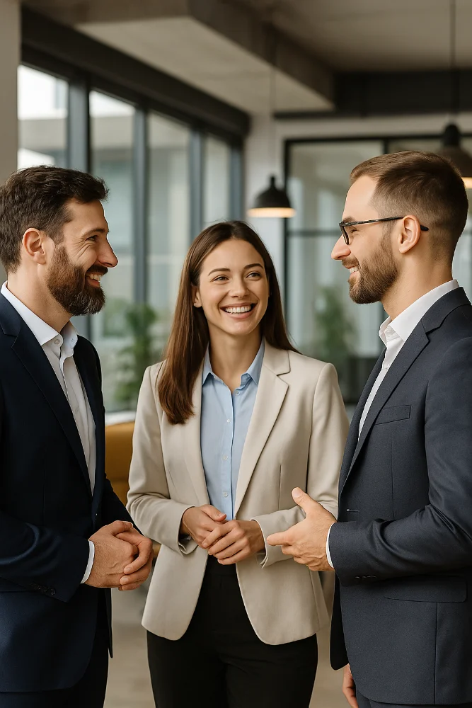 Tres profesionales conversando en un espacio de coworking, representando el networking humano de Somos Negocio