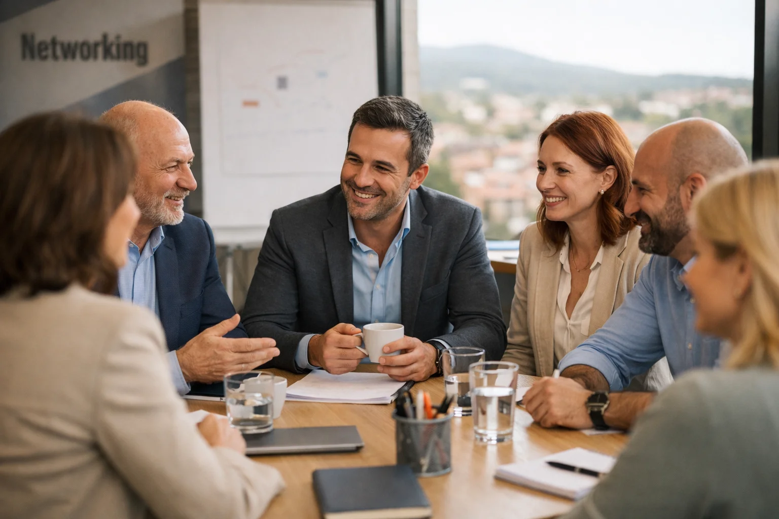 Reunión profesional de networking en Collado Villalba donde empresarios locales conversan en un entorno cercano y colaborativo